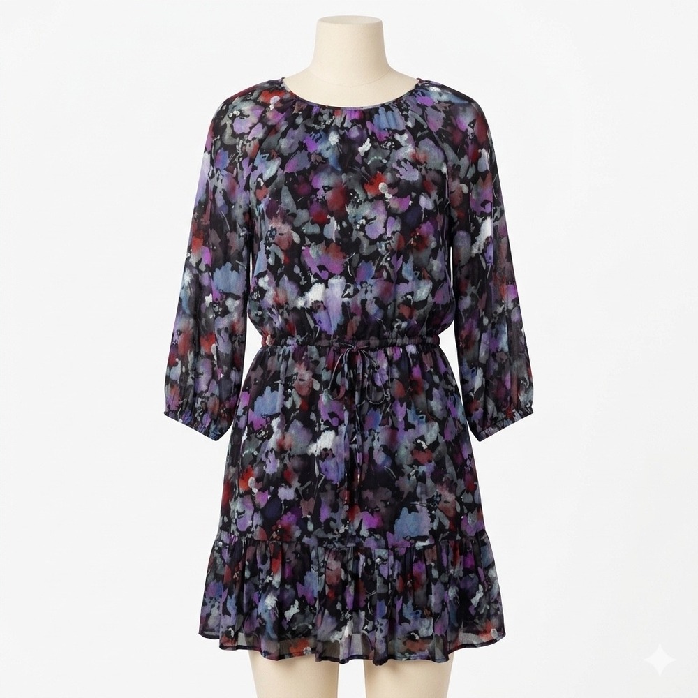Bella Dahl Raglan Floral Mini Dress Women M Black Purple Floral Watercolor Party